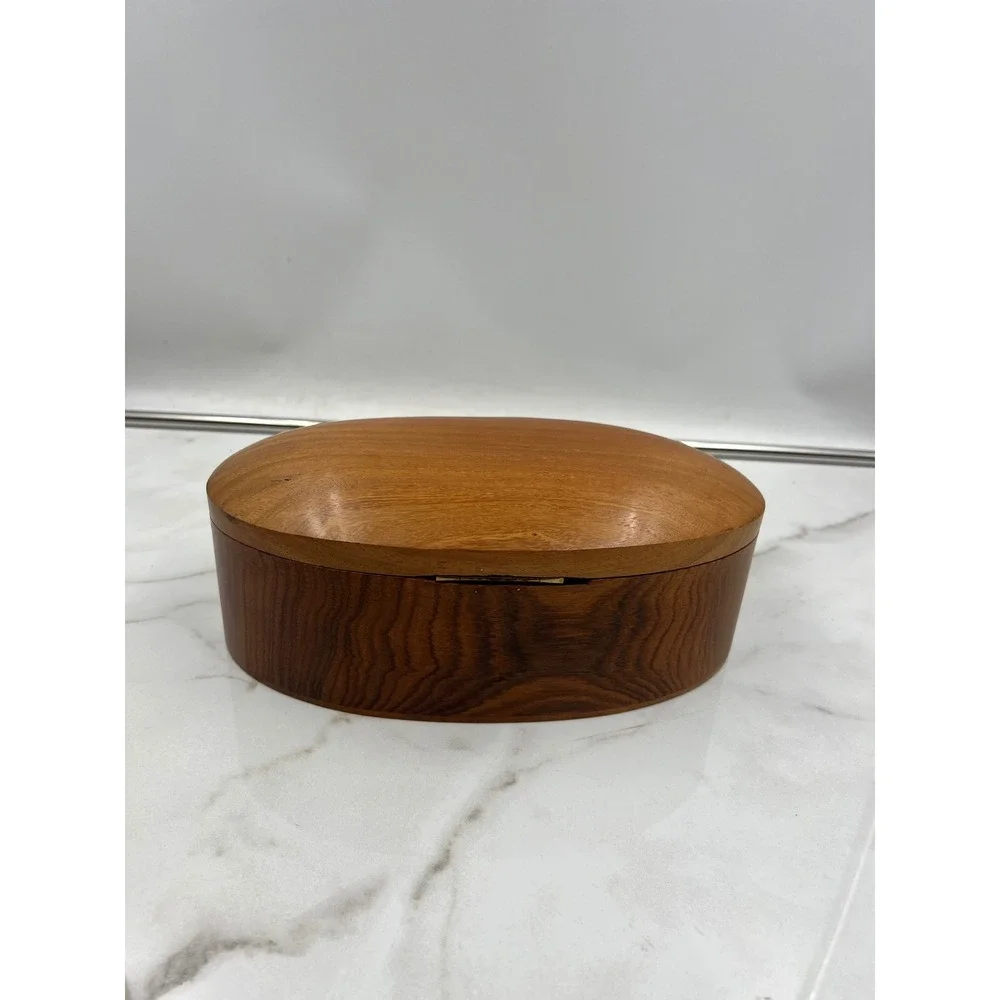 Handcrafted Oval Wood Jewelry Keepsake Box Natural Grain Hinged Lid 10.5 Inch - Picture 3 of 11